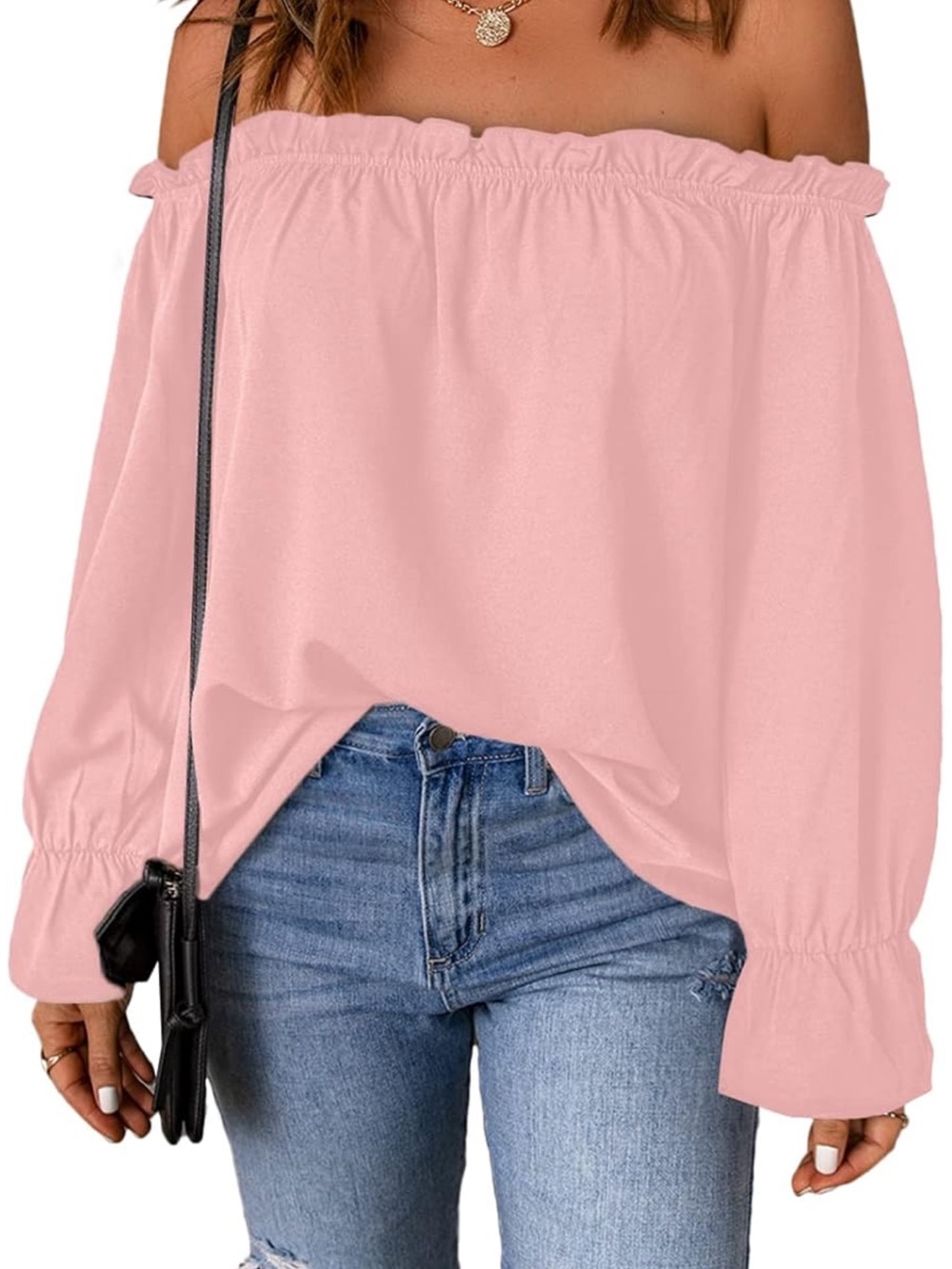 Amazon Pale Pink Off-the-Shoulder Long Sleeve Blouse